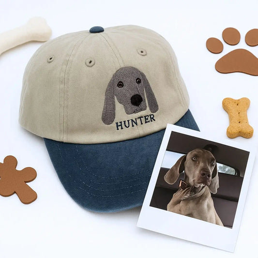 Embroidered pet cap with custom dog photo stitched on front, personalized gift for pet lover