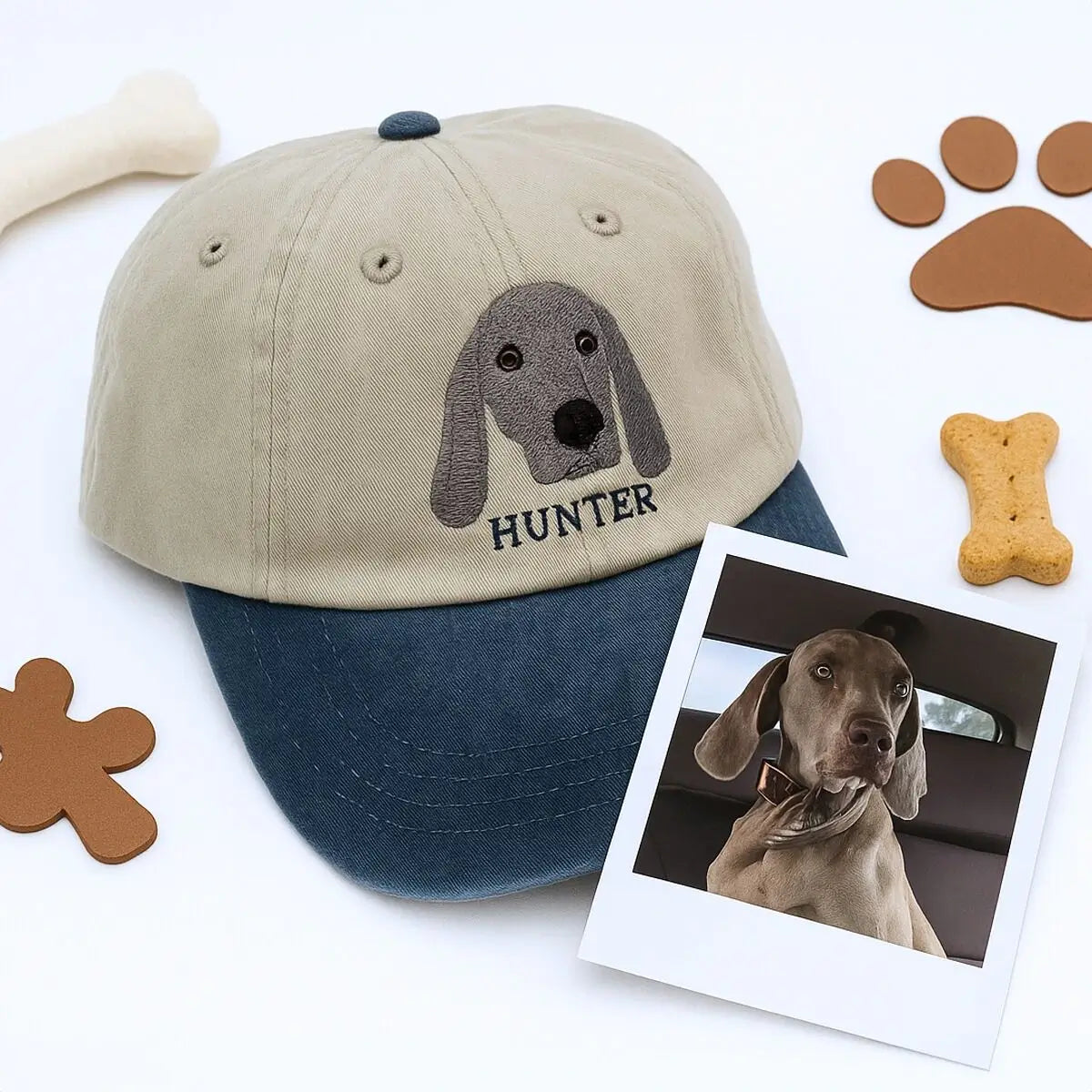 Embroidered pet cap with custom dog photo stitched on front, personalized gift for pet lover