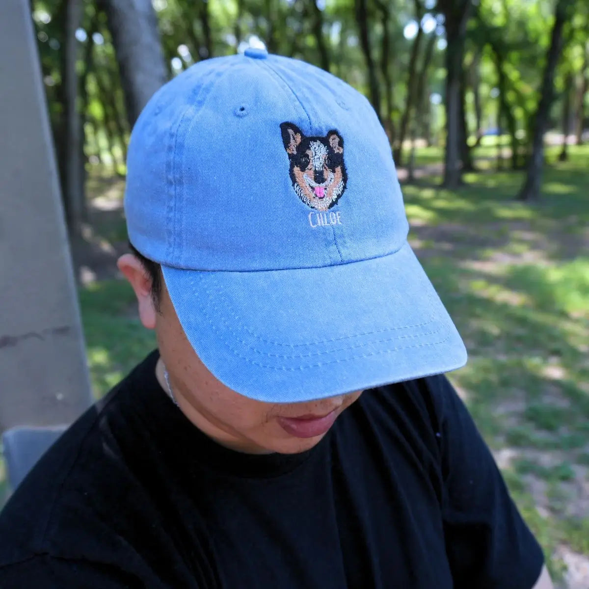 Custom embroidered hat with a pet photo stitched on the front – perfect personalized gift for pet lovers