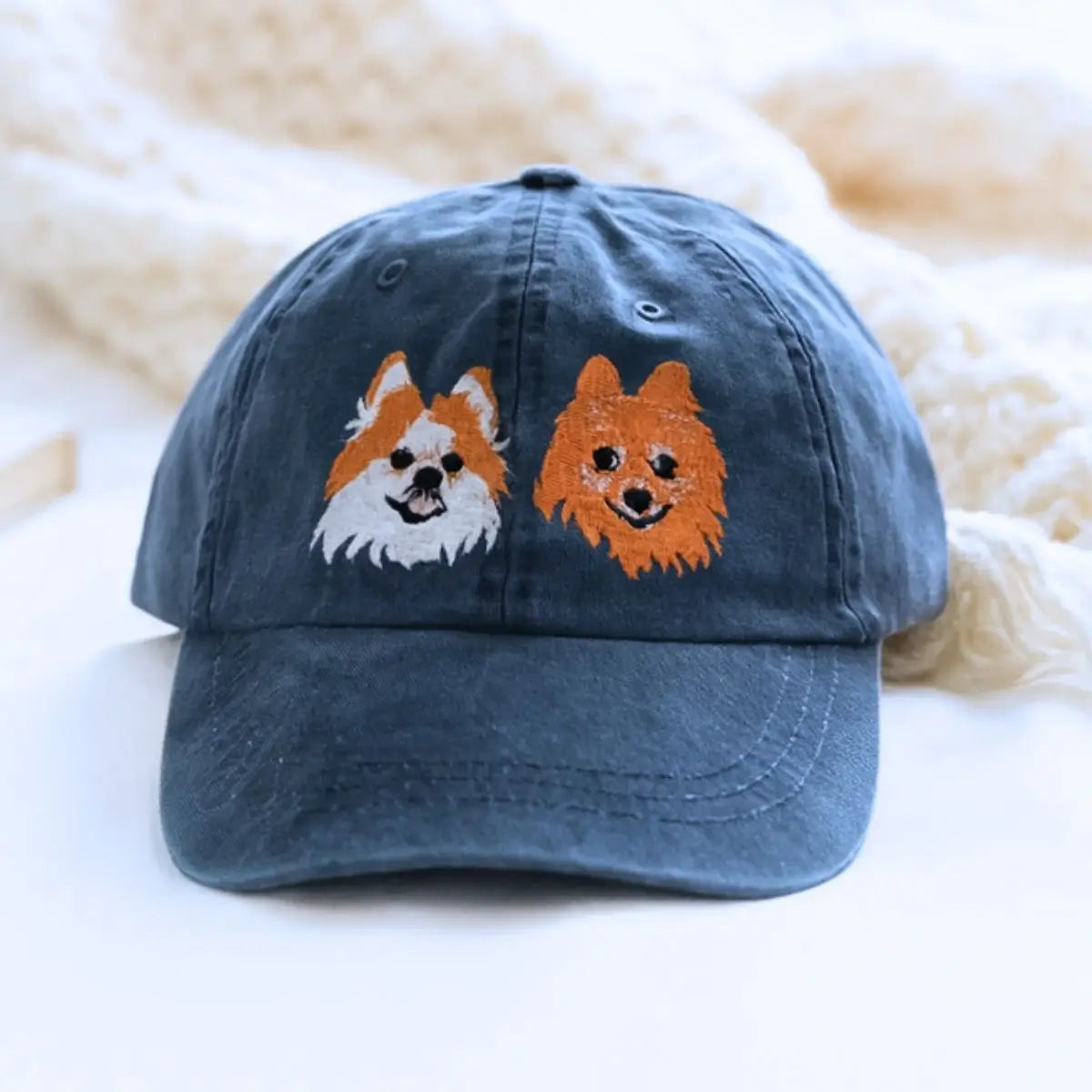 Embroidered pet cap with custom dog photo stitched on front, personalized gift for pet lover