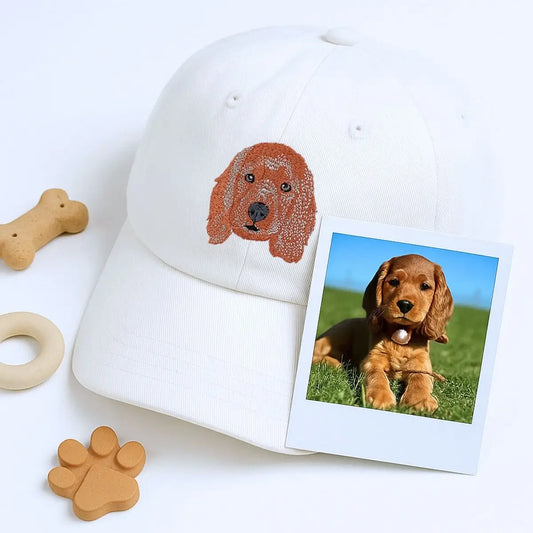 Embroidered pet cap with custom dog photo stitched on front, personalized gift for pet lover