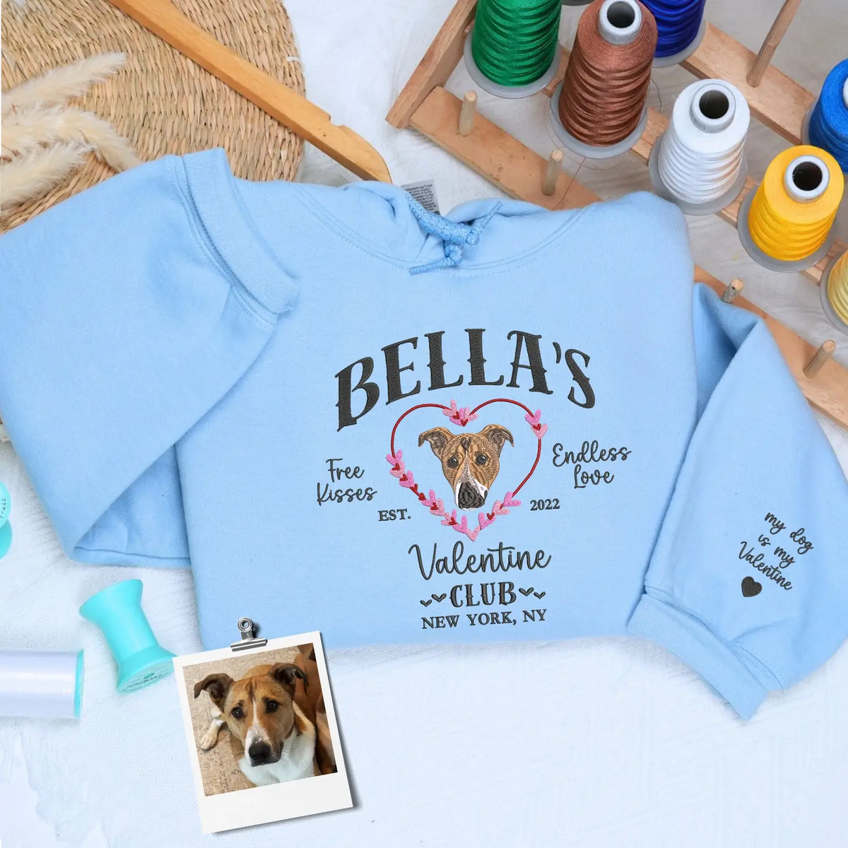 Custom Embroidered Dog Valentine Club Sweatshirt or Hoodie with Dog Portrait from Photo, Valentine's Day Gifts for Dog Lovers