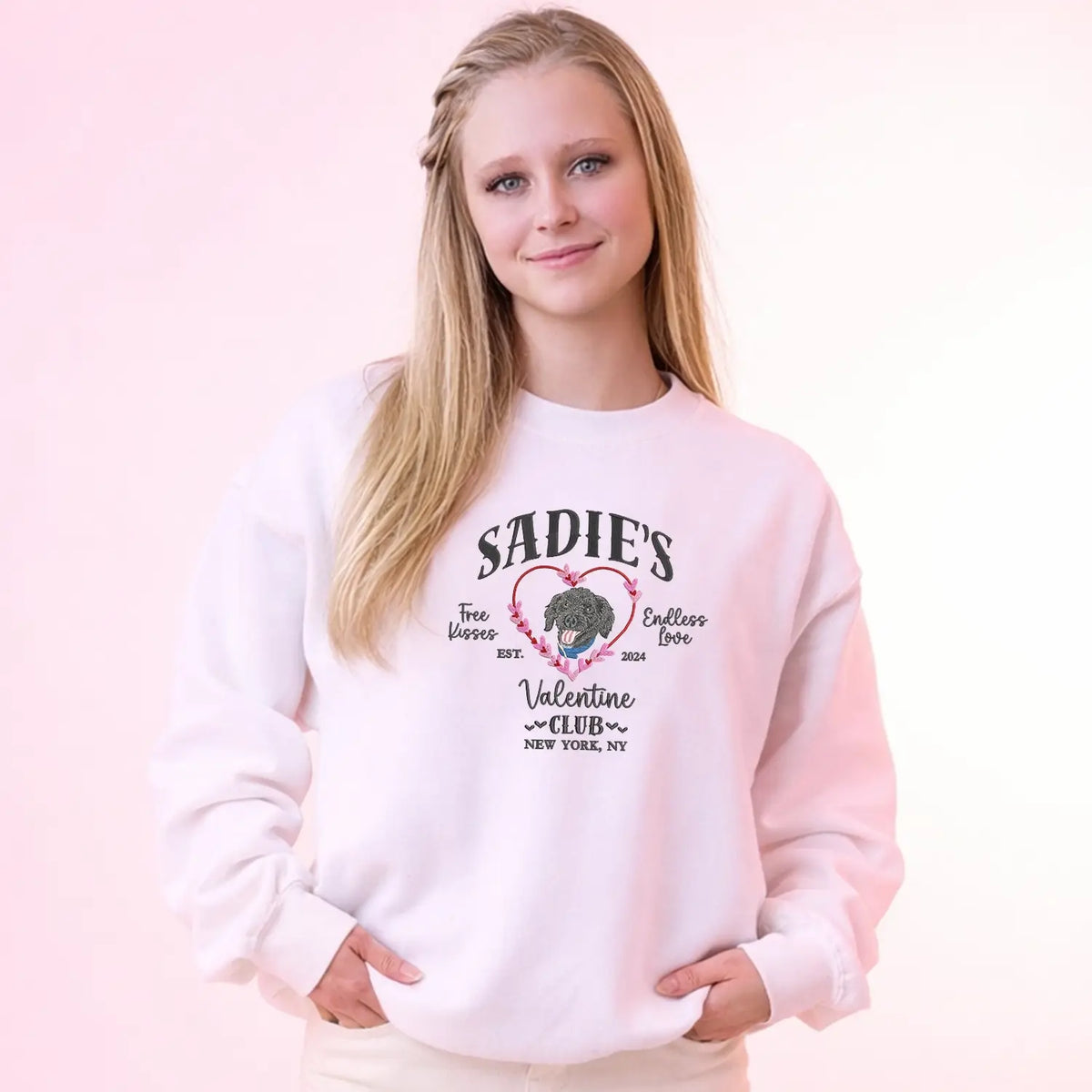 Custom Embroidered Dog Valentine Club Sweatshirt or Hoodie with Dog Portrait from Photo, Valentine's Day Gifts for Dog Lovers