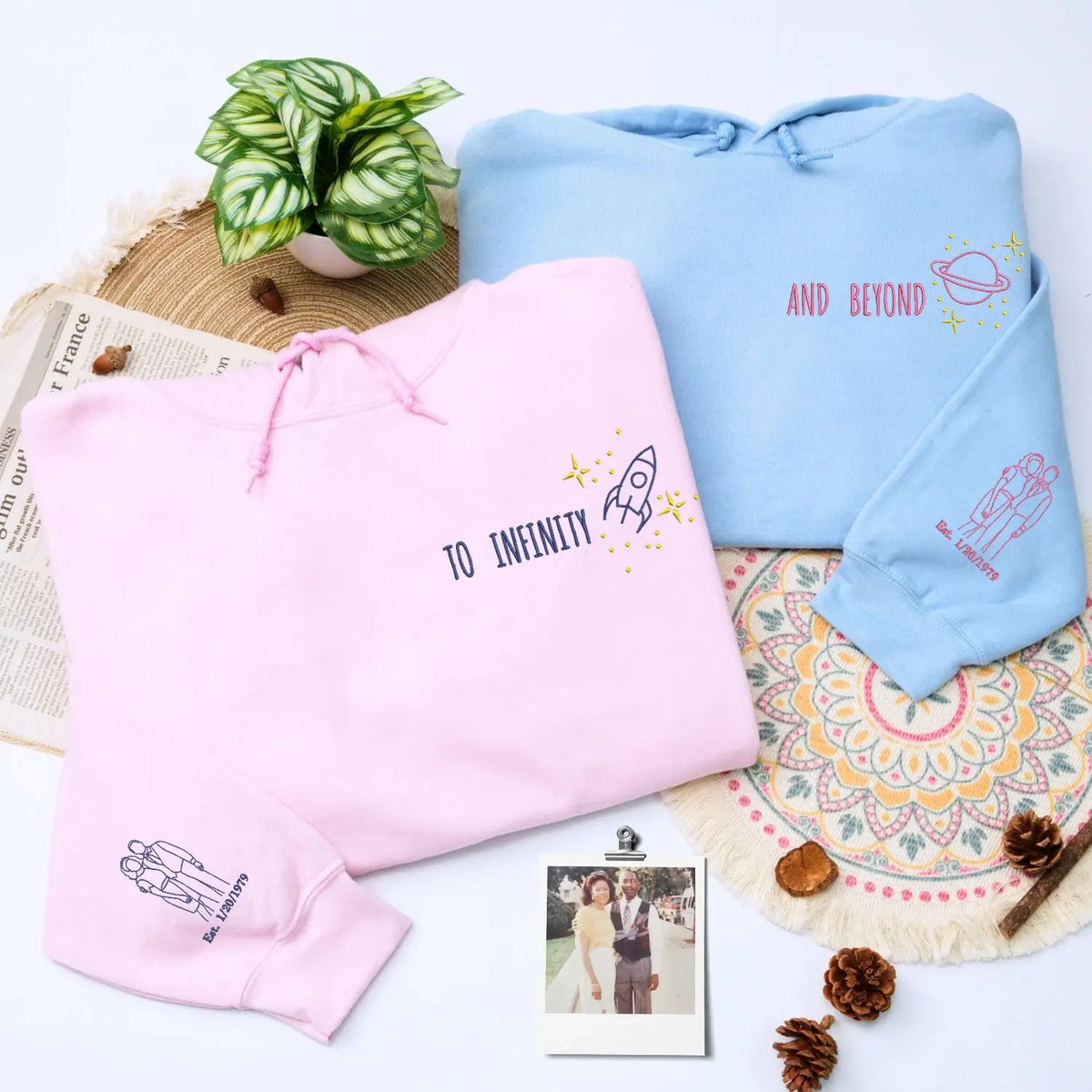 Custom embroidered first wedding anniversary hoodie with personalized couple portrait and To Infinity and Beyond text