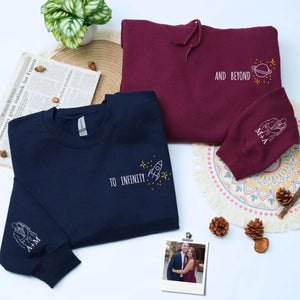 Custom embroidered first wedding anniversary hoodie with personalized couple portrait and To Infinity and Beyond text