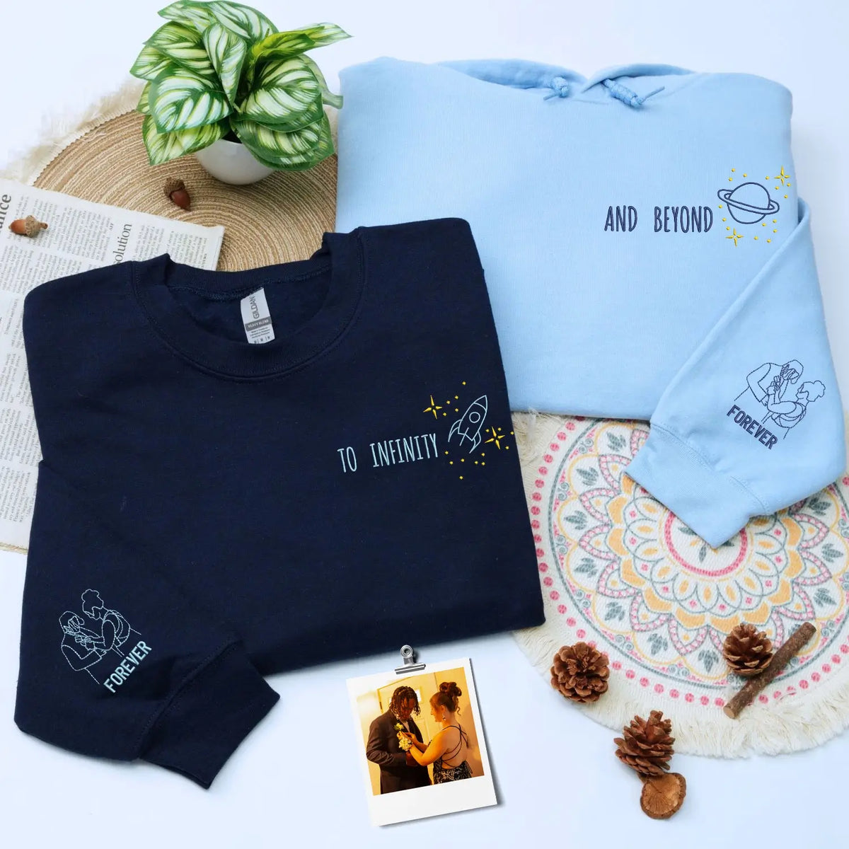 Custom embroidered first wedding anniversary hoodie with personalized couple portrait and To Infinity and Beyond text