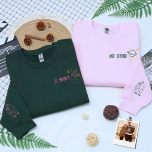 Custom embroidered first wedding anniversary hoodie with personalized couple portrait and To Infinity and Beyond text