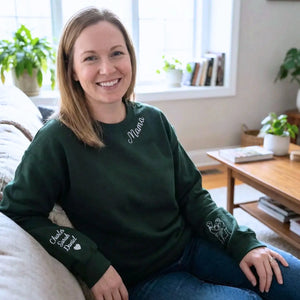 Custom embroidered mama sweatshirt with portrait photo stitched on sleeve and personalized neckline title