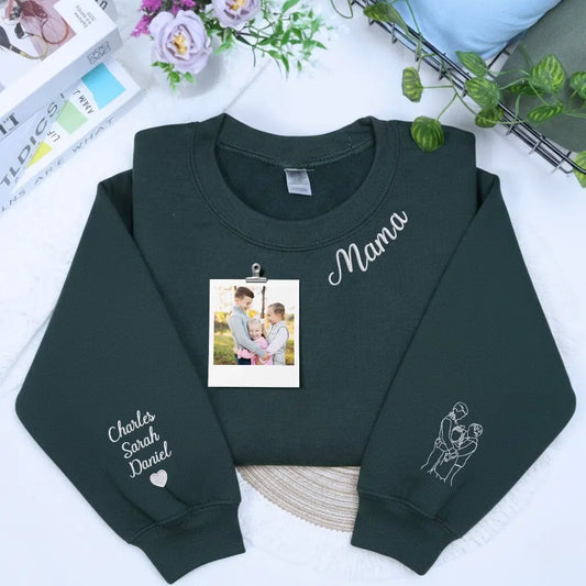 Custom embroidered mama sweatshirt with portrait photo stitched on sleeve and personalized neckline title