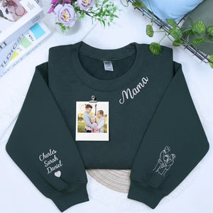 Custom embroidered mama sweatshirt with portrait photo stitched on sleeve and personalized neckline title