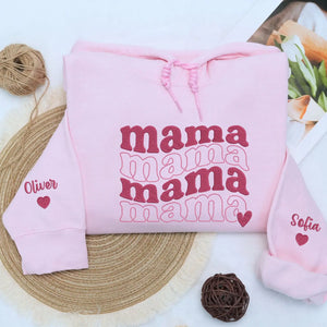 Custom embroidered mama sweatshirt with child’s name stitched on sleeve for Mother’s Day gift