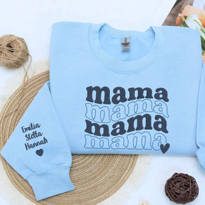 Custom embroidered mama sweatshirt with child’s name stitched on sleeve for Mother’s Day gift