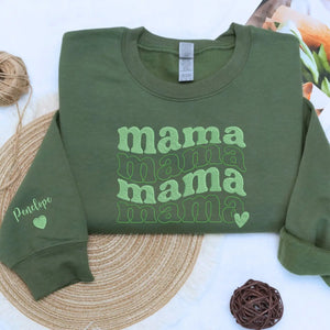 Custom embroidered mama sweatshirt with child’s name stitched on sleeve for Mother’s Day gift