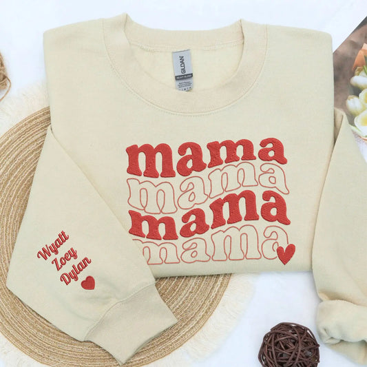 Custom embroidered mama sweatshirt with child’s name stitched on sleeve for Mother’s Day gift