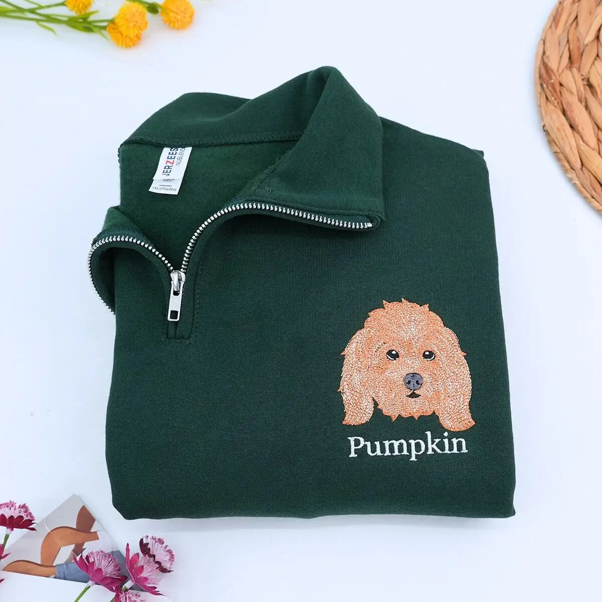 custom embroidered quarter zip sweatshirt with dog portrait on chest