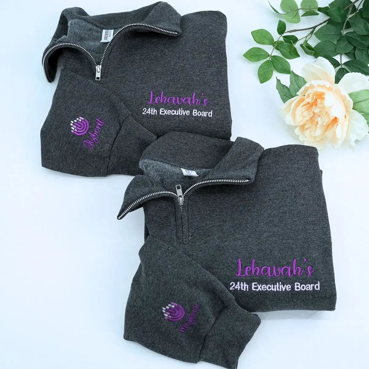 custom embroidered quarter zip sweatshirt with company logo on chest