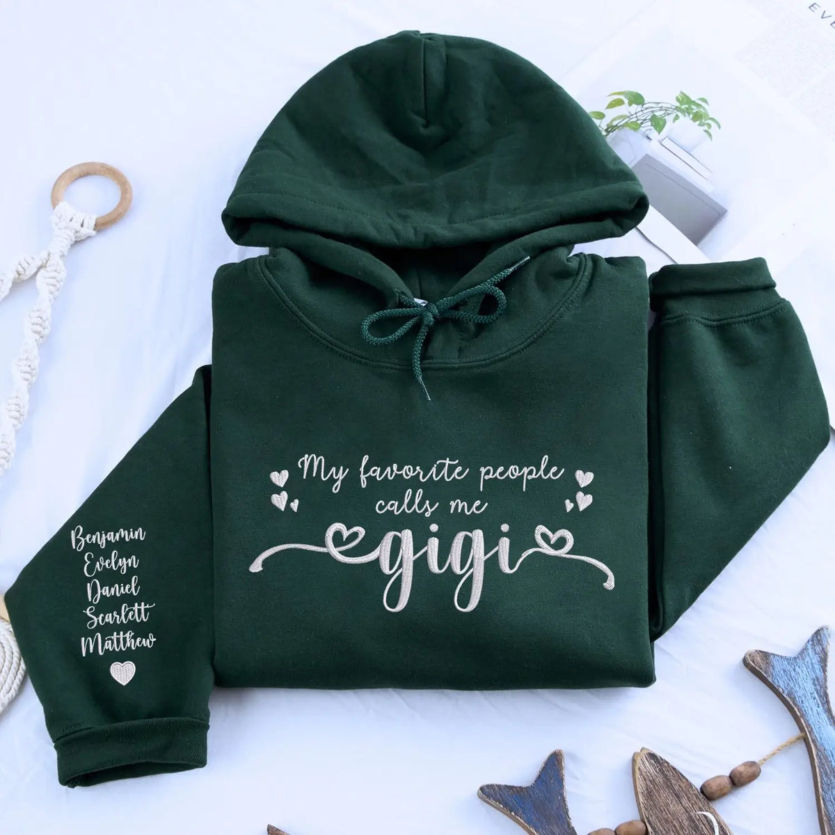 Custom embroidered mama sweatshirt with personalized kids names stitched on cozy cotton hoodie for mothers day gift