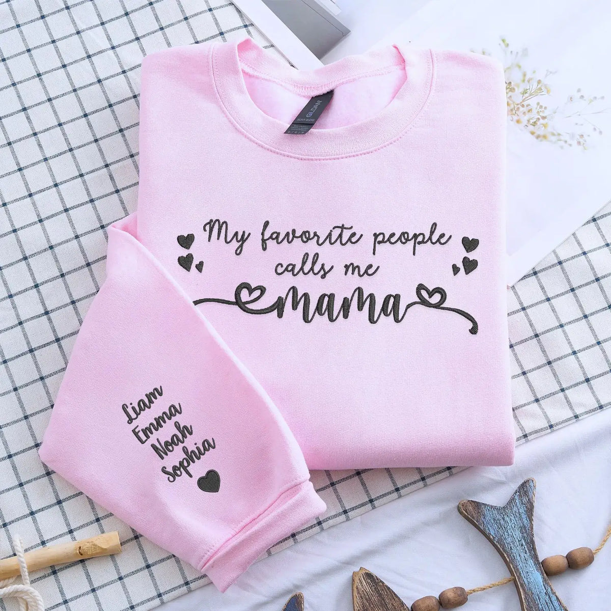 Custom embroidered mama sweatshirt with personalized kids names stitched on cozy cotton hoodie for mothers day gift