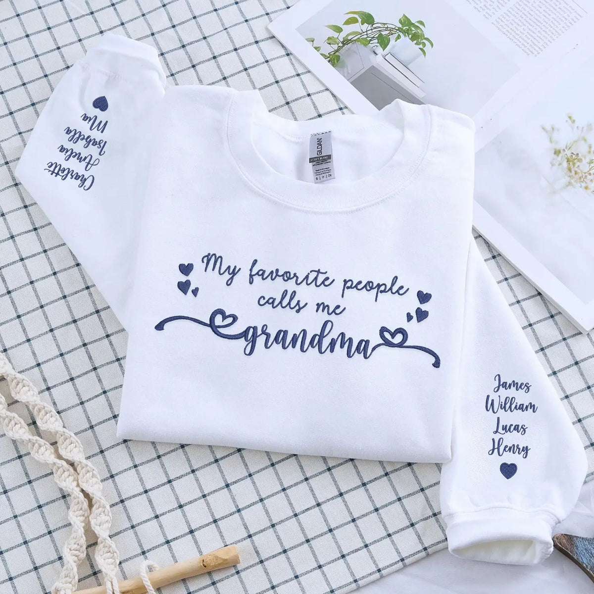 Custom embroidered mama sweatshirt with personalized kids names stitched on cozy cotton hoodie for mothers day gift