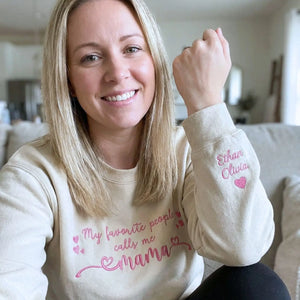 Custom embroidered mama sweatshirt with personalized kids names stitched on cozy cotton hoodie for mothers day gift