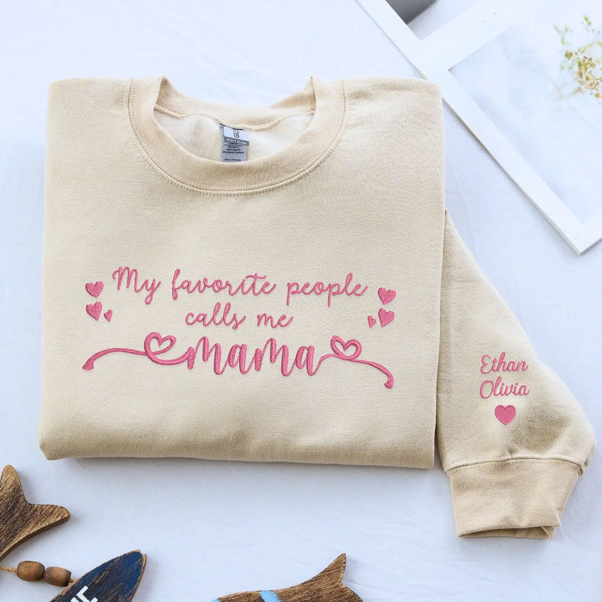 Custom embroidered mama sweatshirt with personalized kids names stitched on cozy cotton hoodie for mothers day gift