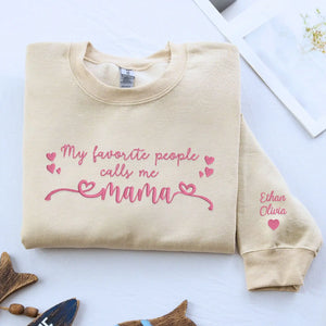 Custom embroidered mama sweatshirt with personalized kids names stitched on cozy cotton hoodie for mothers day gift