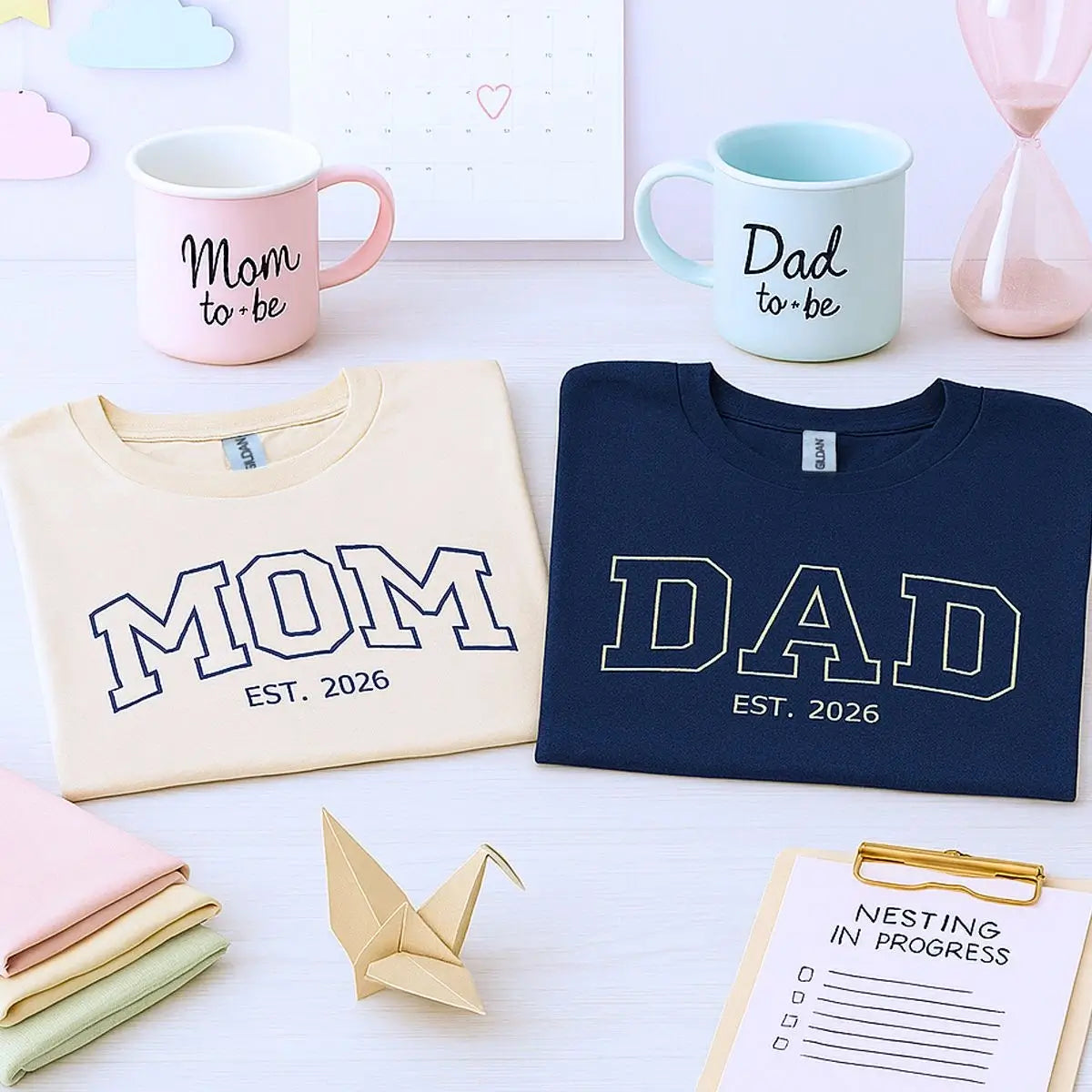 Custom embroidered mom and dad shirts with kid's name on sleeve and est. year