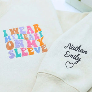 Custom embroidered mother sweatshirt with photo portrait and I Wear My Heart On My Sleeve 
