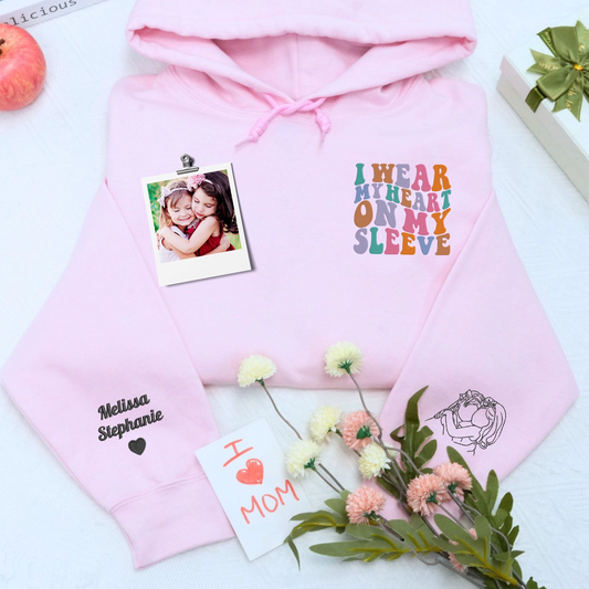 Custom embroidered mother sweatshirt with photo portrait and I Wear My Heart On My Sleeve 
