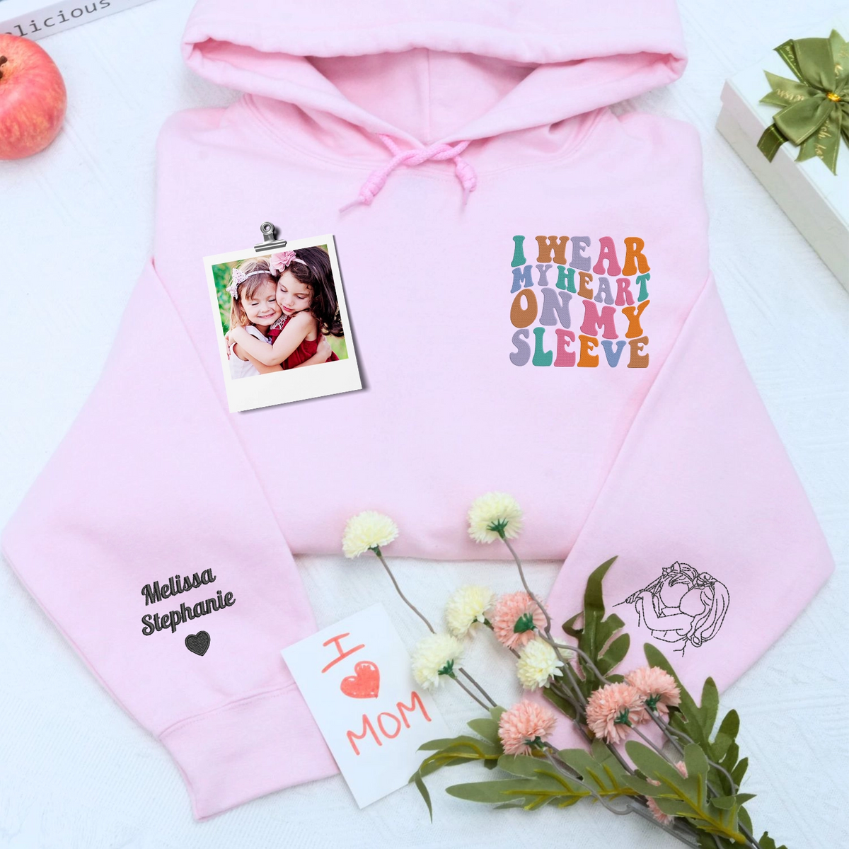 Custom embroidered mother sweatshirt with photo portrait and I Wear My Heart On My Sleeve 