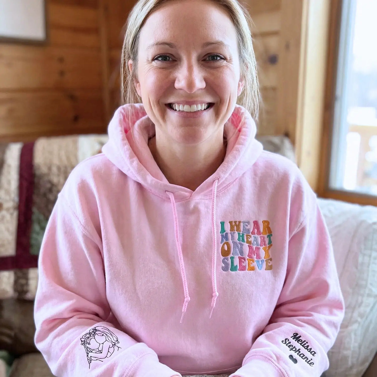 Custom embroidered mother sweatshirt with photo portrait and I Wear My Heart On My Sleeve 
