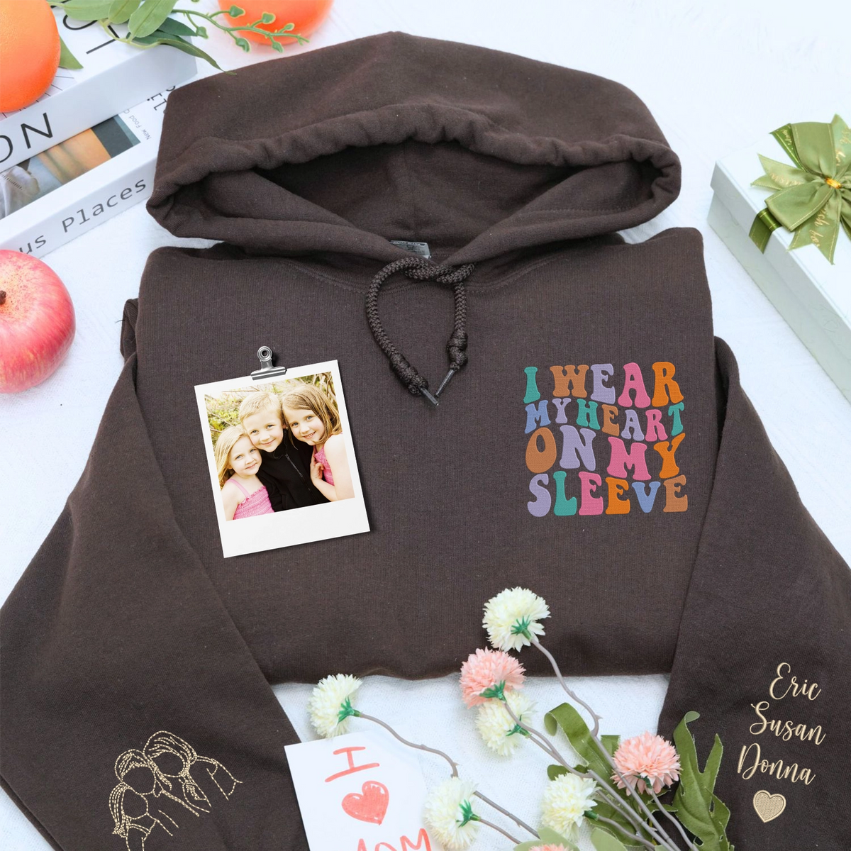 Custom embroidered mother sweatshirt with photo portrait and I Wear My Heart On My Sleeve 