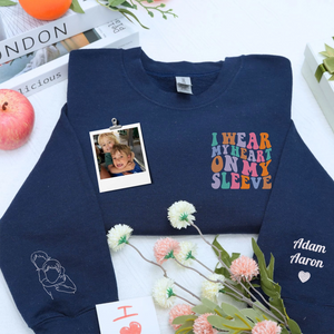Custom embroidered mother sweatshirt with photo portrait and I Wear My Heart On My Sleeve 