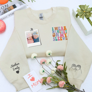 Custom embroidered mother sweatshirt with photo portrait and I Wear My Heart On My Sleeve 