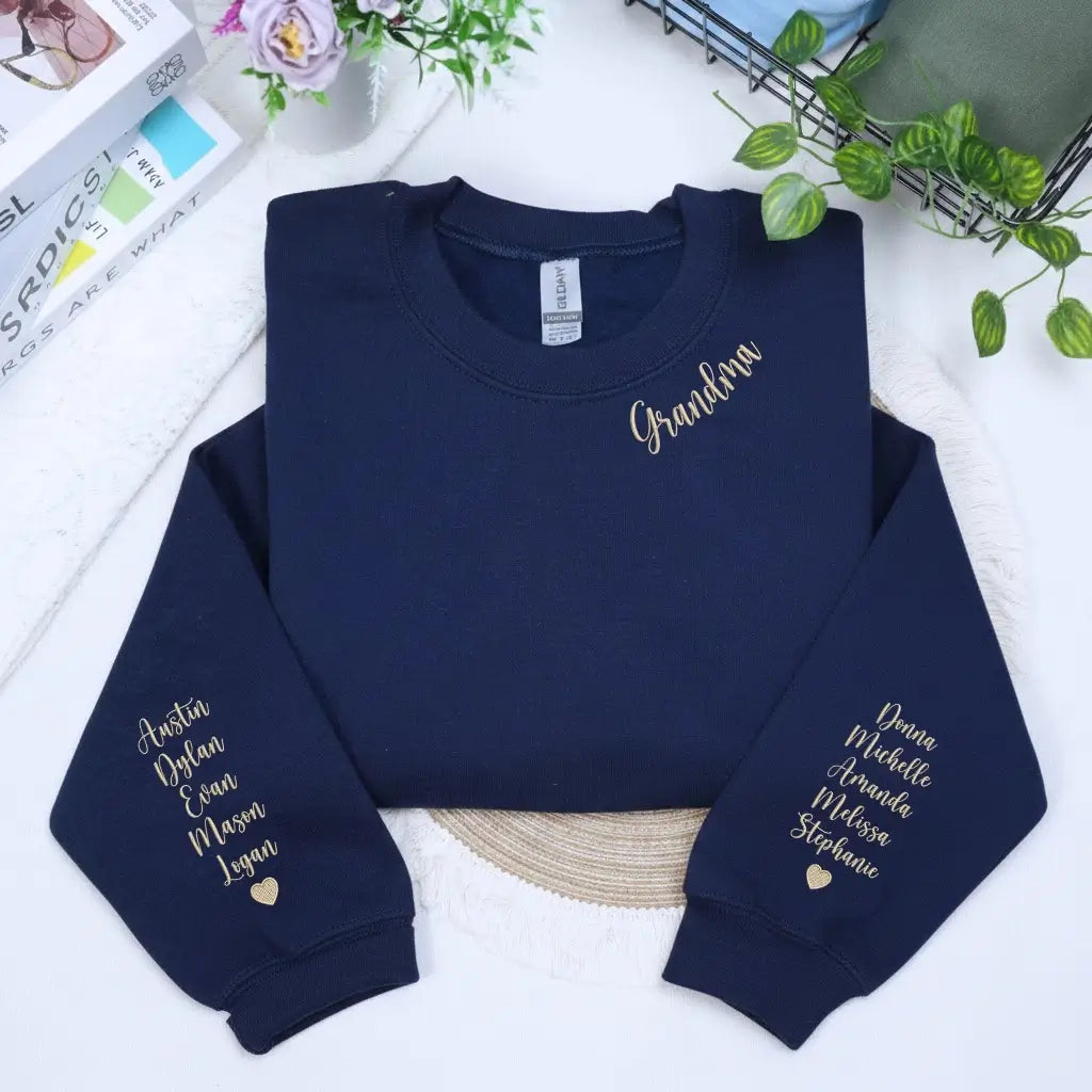 Custom embroidered mama sweatshirt with portrait photo stitched on sleeve and personalized neckline title