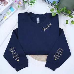 Custom embroidered mama sweatshirt with portrait photo stitched on sleeve and personalized neckline title