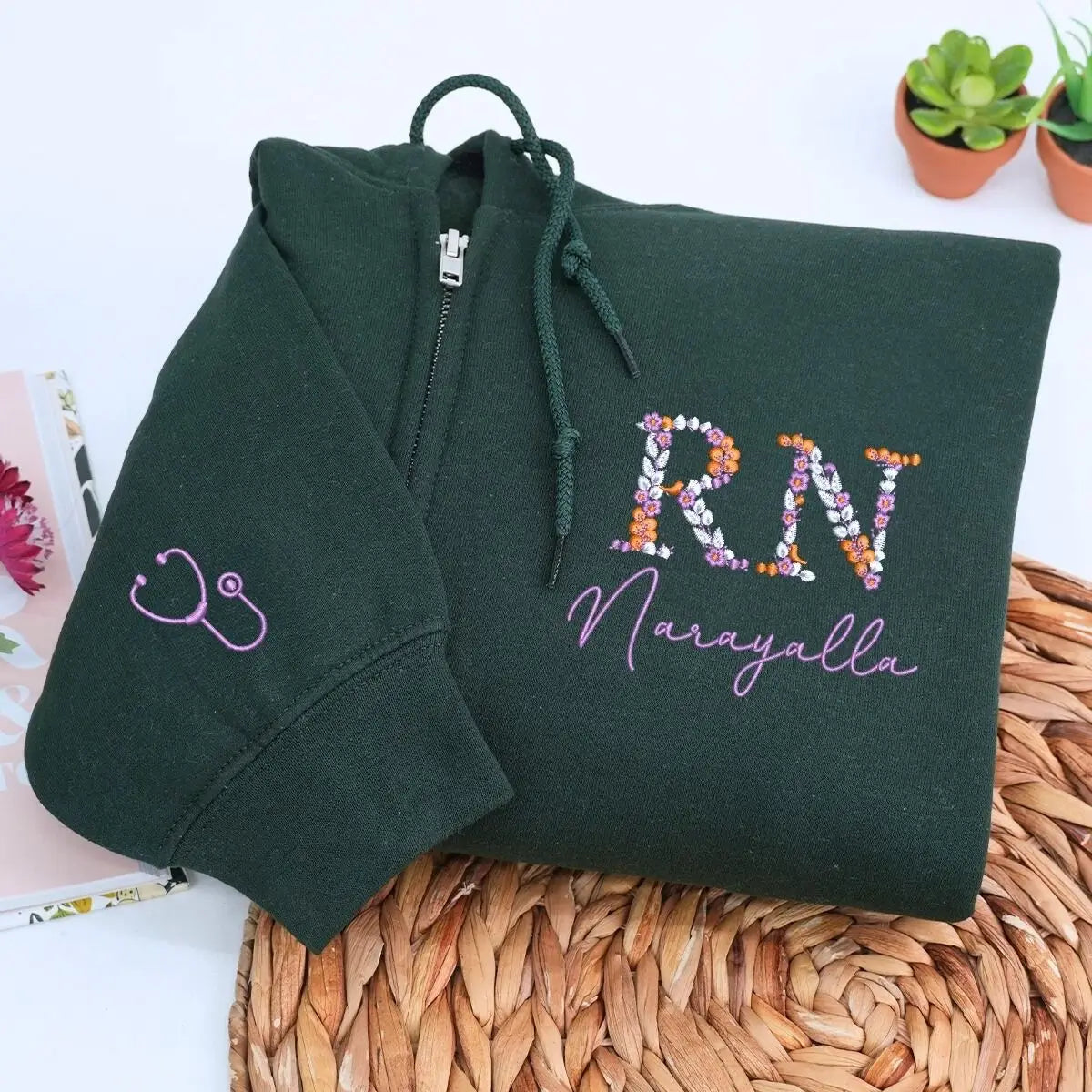 Custom embroidered floral RN nurse sweatshirt with personalized name and sleeve text – graduation gift for her
