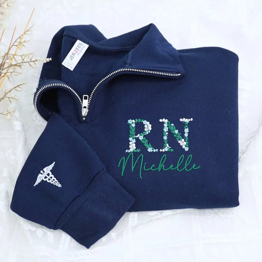 Custom embroidered floral RN nurse sweatshirt with personalized name and sleeve text – graduation gift for her