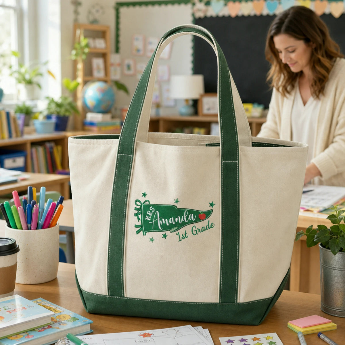 Personalized Teacher Flag Tote Bag with Embroidered Name and Grade