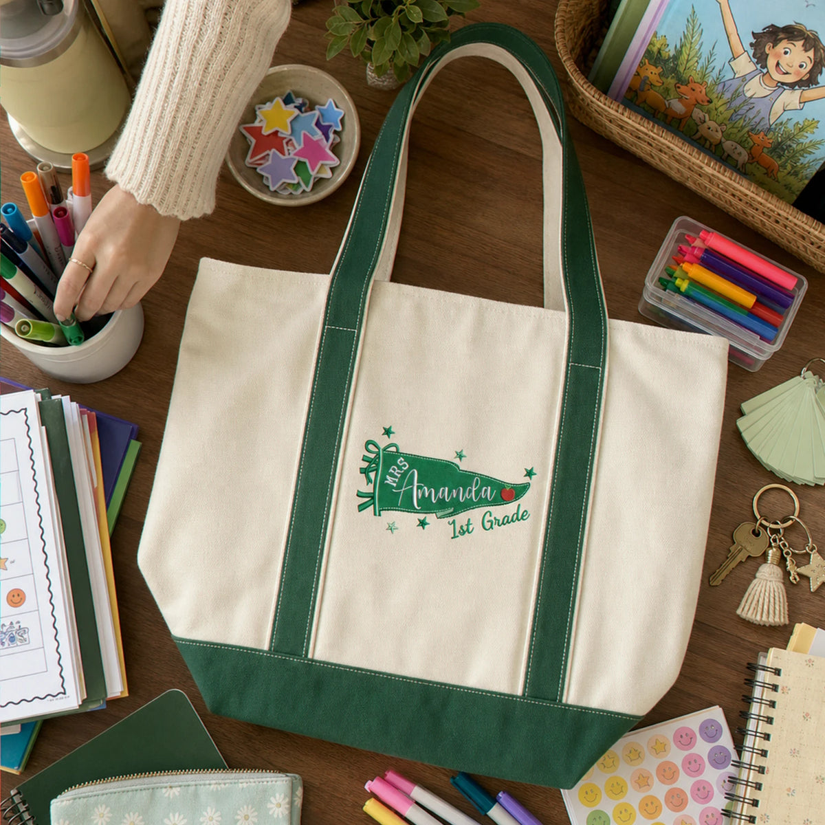 Personalized Teacher Flag Tote Bag with Embroidered Name and Grade