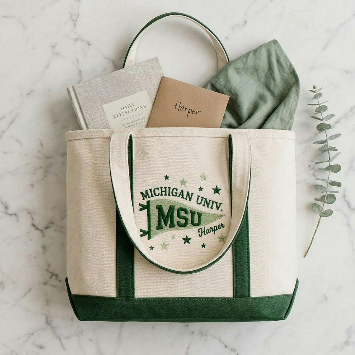 Personalized Name Pennant Flag Embroidered Tote Bag, Back to School Gift for Her