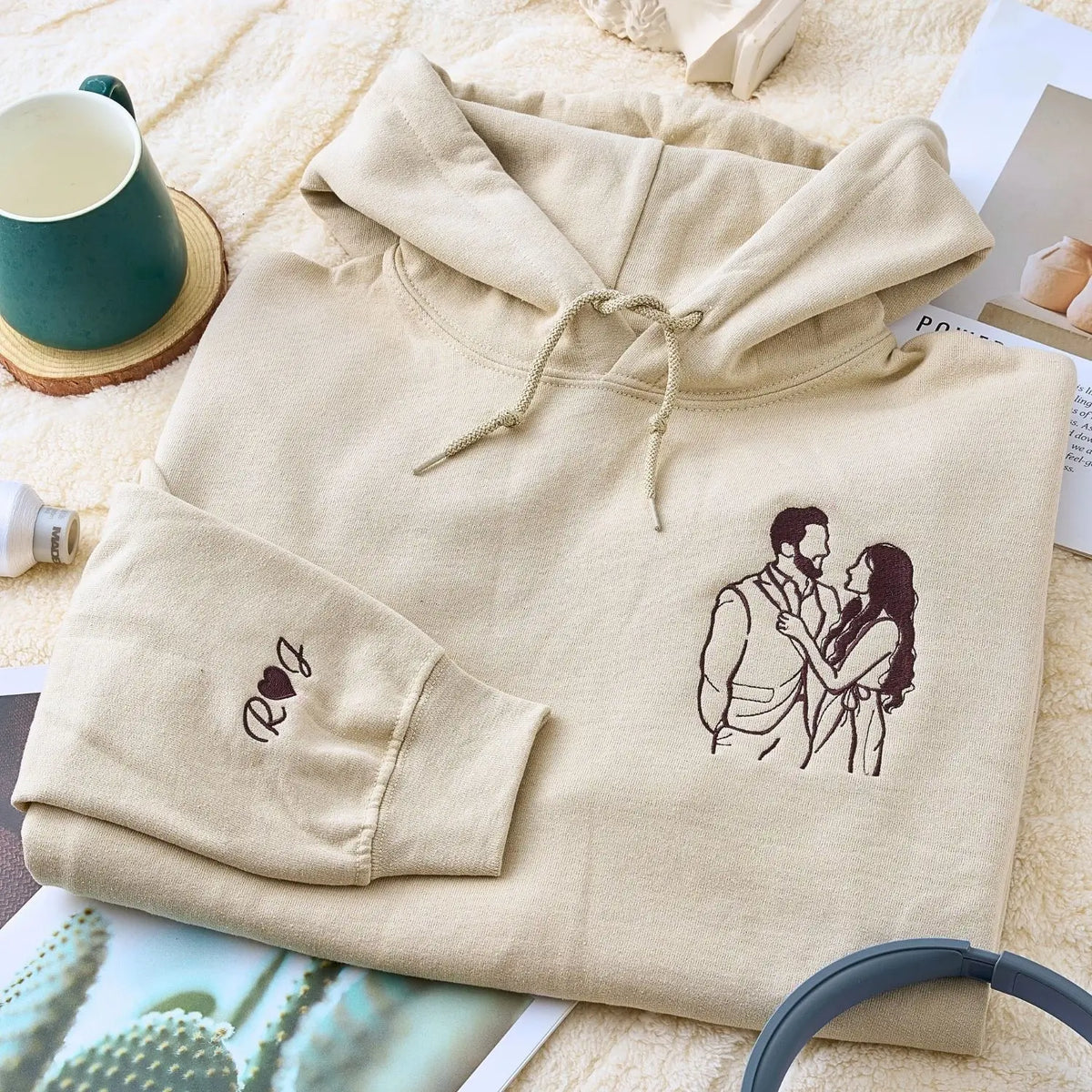 Embroidered photo portrait sweatshirt showing a personalized stitched image on a soft, premium crewneck.