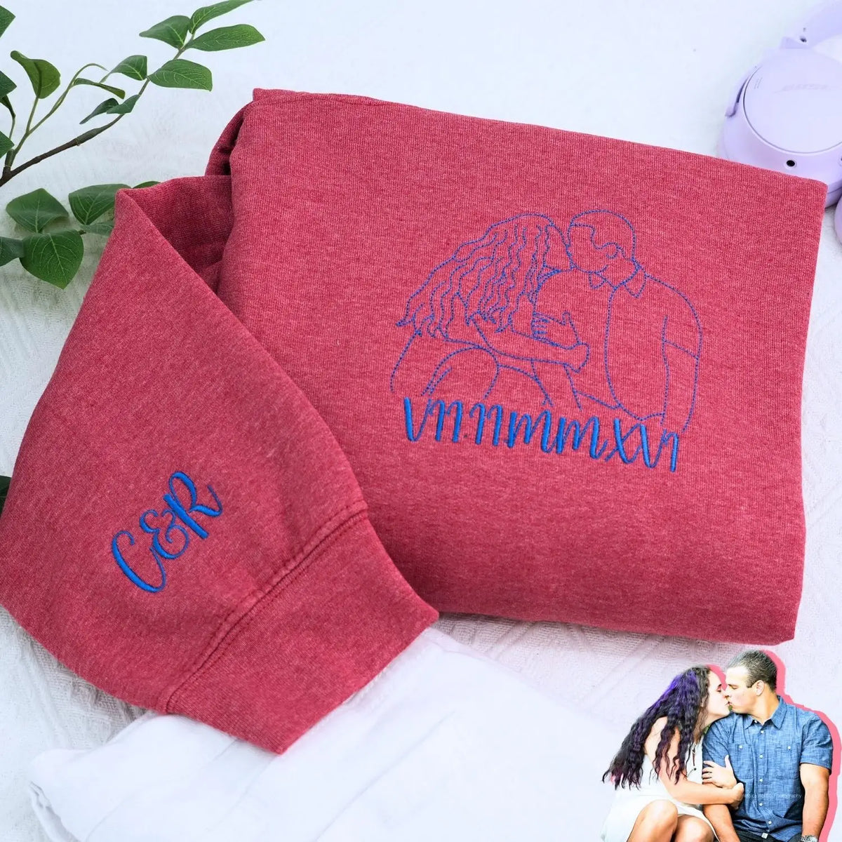 Embroidered photo portrait sweatshirt showing a personalized stitched image on a soft, premium crewneck.