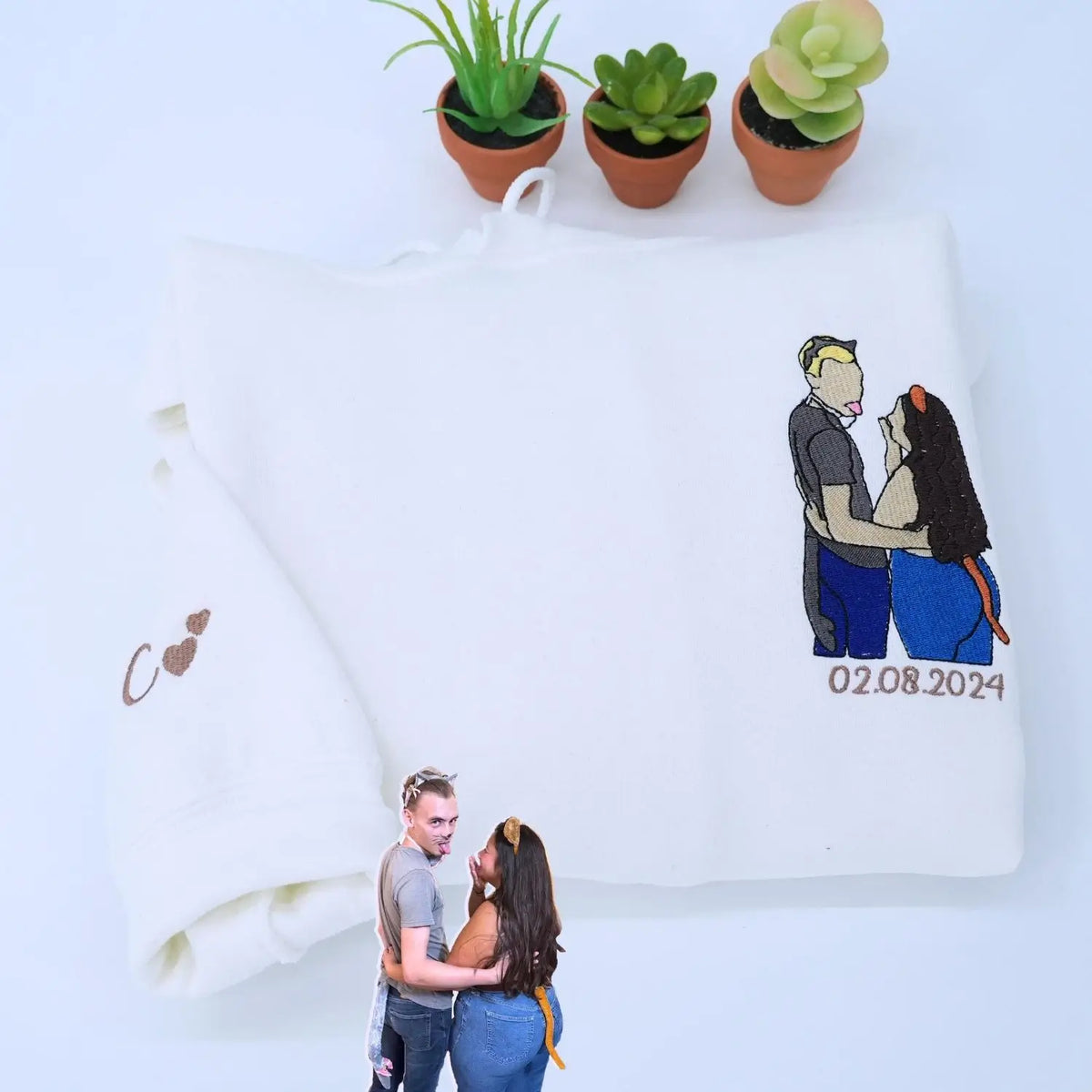 Embroidered photo portrait sweatshirt showing a personalized stitched image on a soft, premium crewneck.