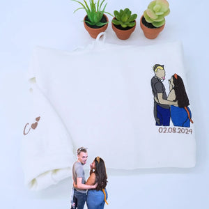 Embroidered photo portrait sweatshirt showing a personalized stitched image on a soft, premium crewneck.