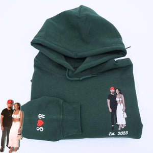 Embroidered photo portrait sweatshirt showing a personalized stitched image on a soft, premium crewneck.