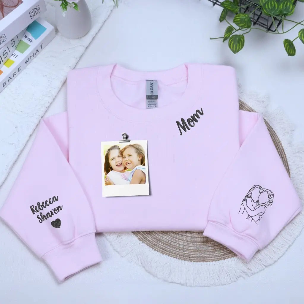 Custom embroidered mama sweatshirt with portrait photo stitched on sleeve and personalized neckline title