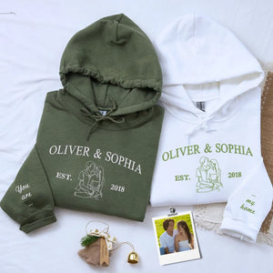 Custom embroidered portrait hoodie with names, personalized anniversary gift for couples in soft neutral fabric