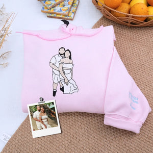 Custom embroidered portrait hoodie with names, personalized anniversary gift for couples in soft neutral fabric