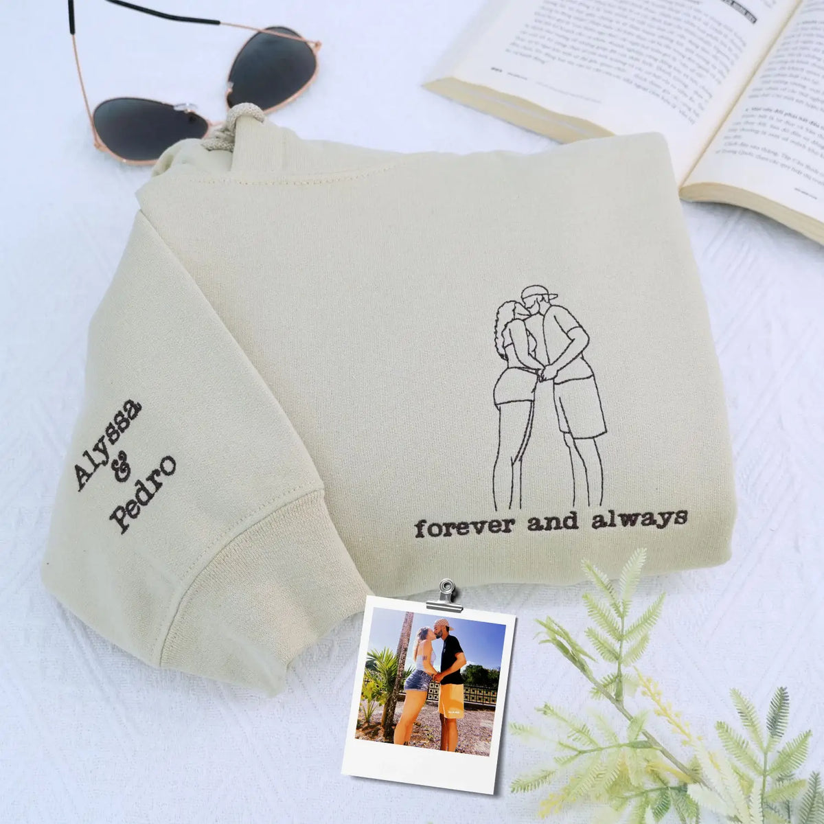 Custom embroidered portrait hoodie with names, personalized anniversary gift for couples in soft neutral fabric